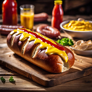 Photo of a hot dog loaded with ketchup and mustard on a table