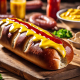 photo of hot dog loaded with ketchup and mustard on a table