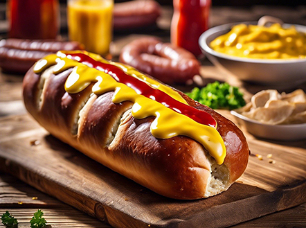 photo of hot dog loaded with ketchup and mustard on a table
