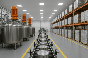 rendering of a paint manufacturing facility with several agitator mounted to mixing tank